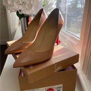 Christian Louboutin Nude Patent Pointed-Toe Pumps with Red Soles
